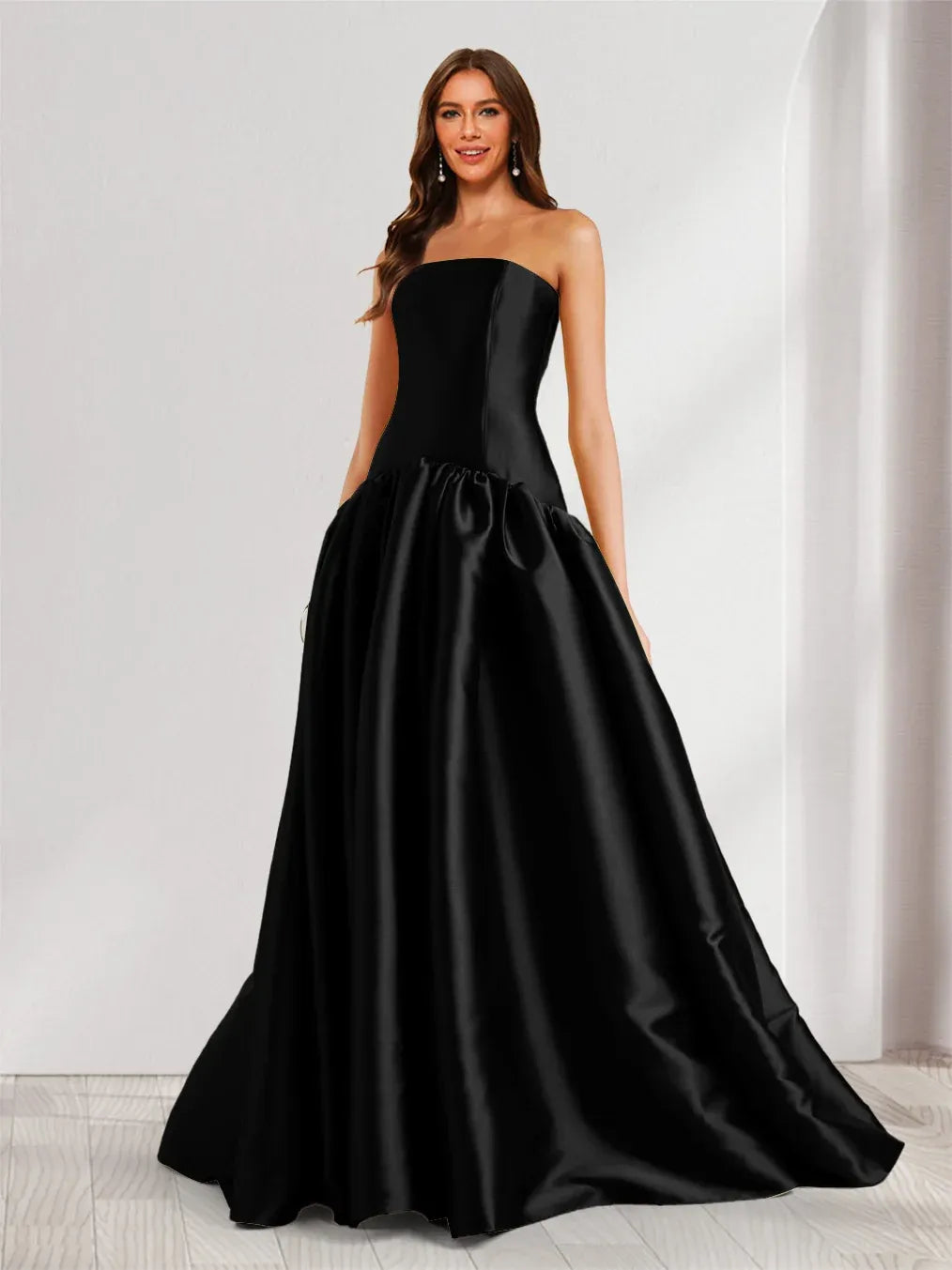 Elegant A-Line Straight-Neck Strapless Zipper-Back Floor-Length Satin Prom Dress