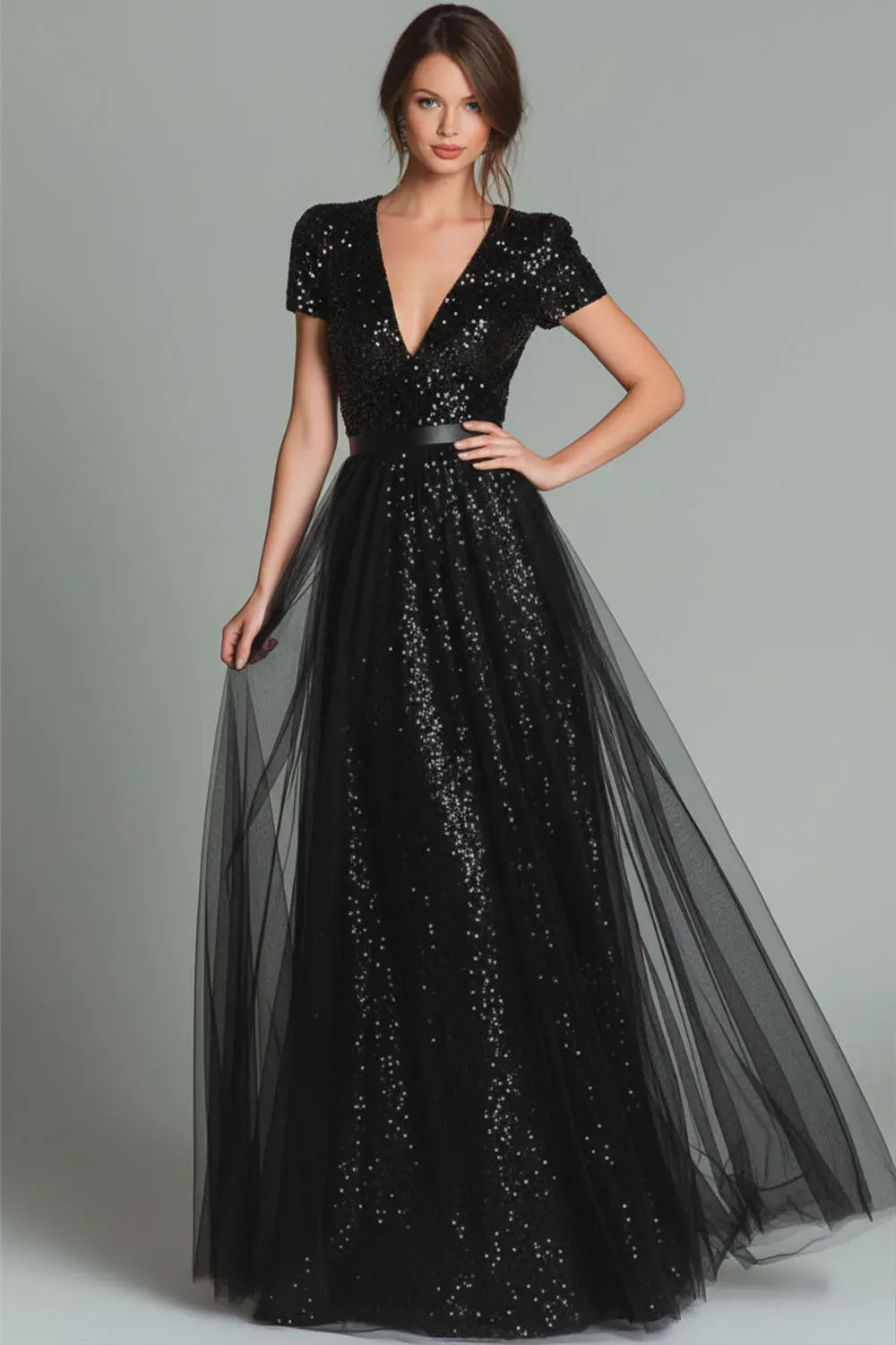 Elegant Plus Size A-Line V-Neck Short Sleeve Zipper Back Evening Dress