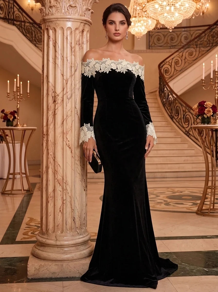 Black velvet mermaid evening dress with off shoulder ivory floral lace neckline, long sleeves, lace cuffs and floor-length sweep train by Loverlm