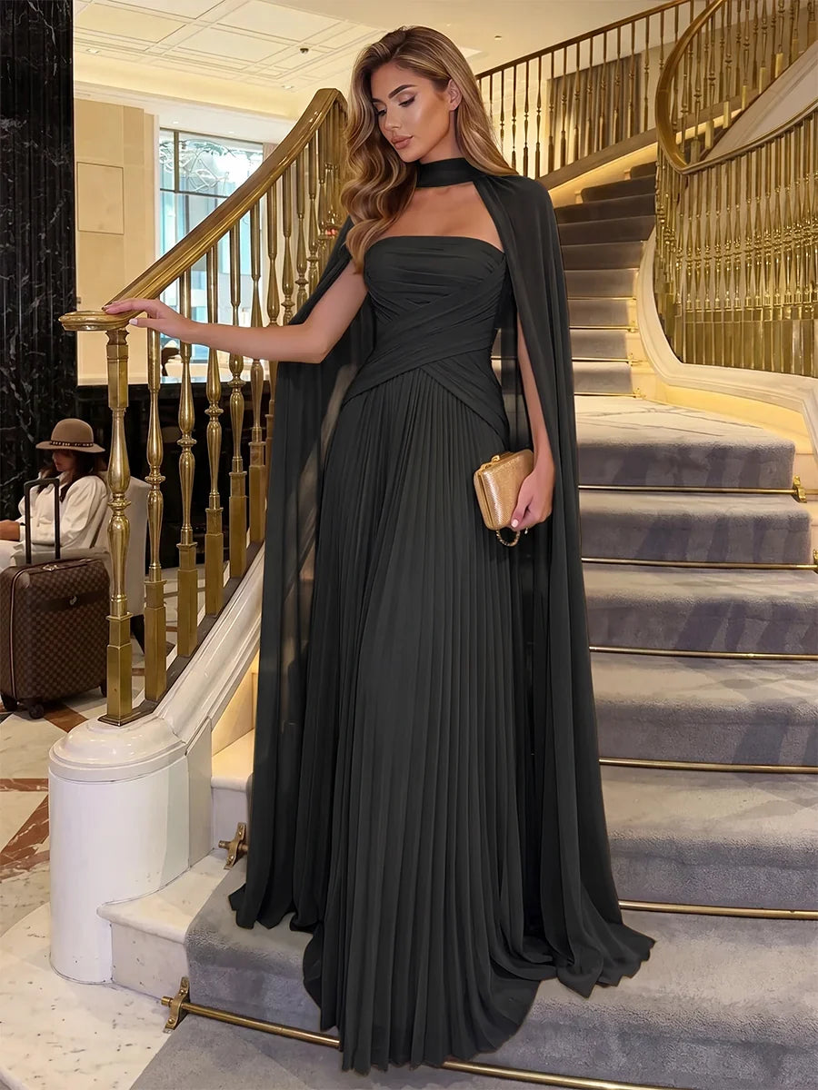 Elegant Pleated Strapless Sleeveless Chiffon Floor Length Evening Dress