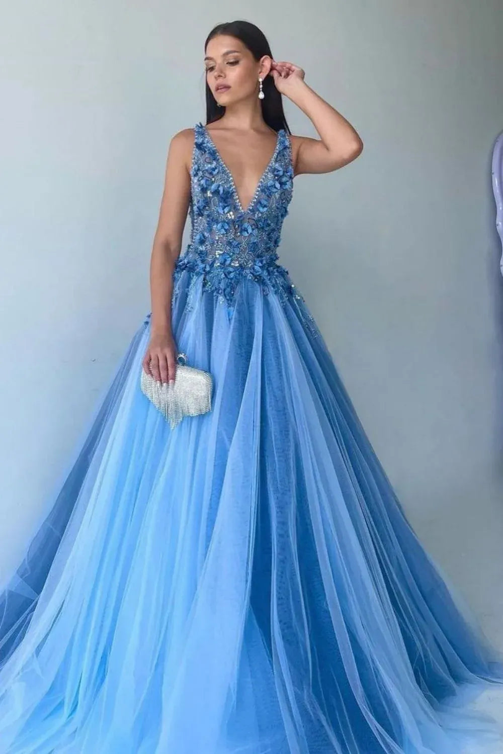Loverlm blue A-line tulle prom dress with deep V-neck and floral appliques
