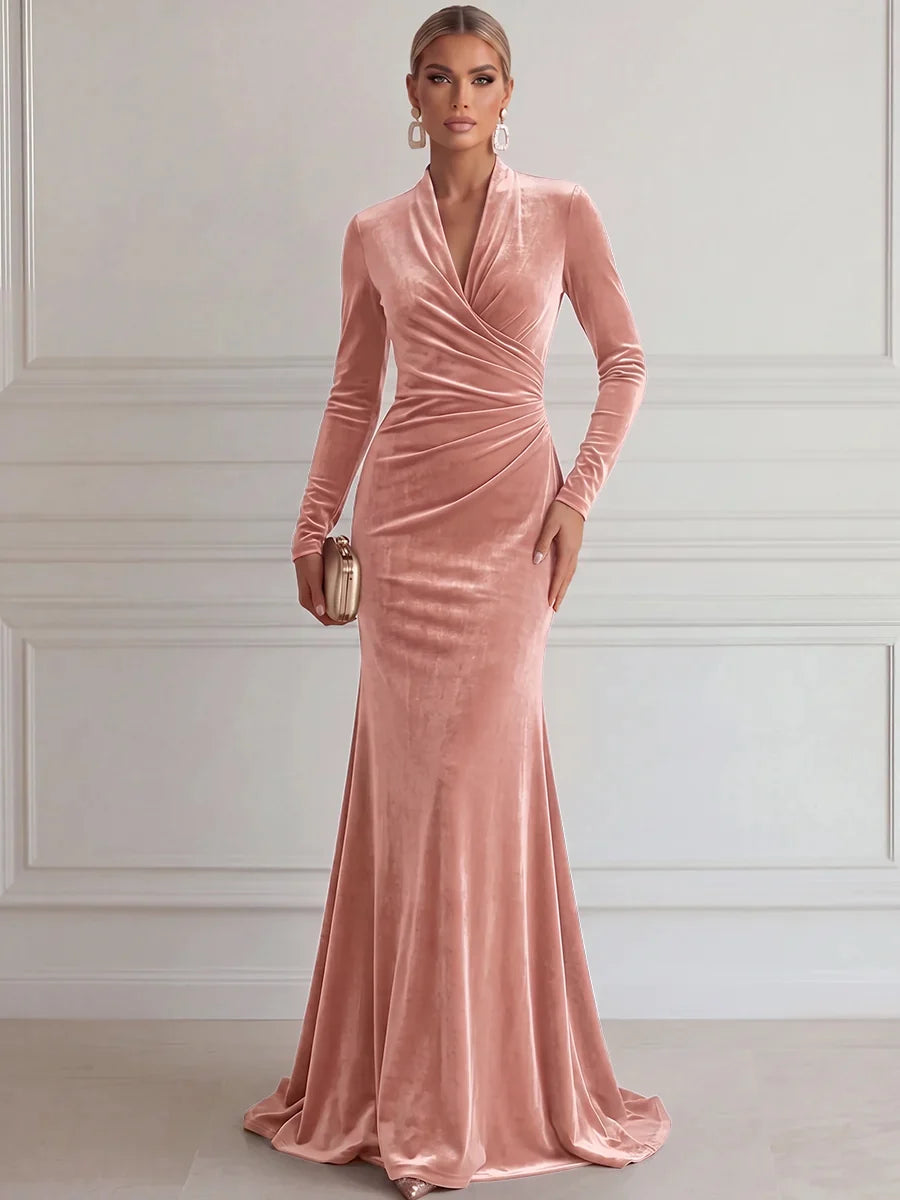 Elegant Mermaid Deep V Long Sleeve Velvet Floor-Length Evening Dress