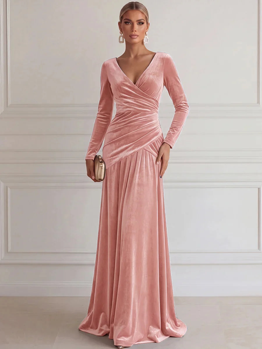 Elegant A-Line V-Neck Long Sleeve Velvet Floor-Length Evening Dress