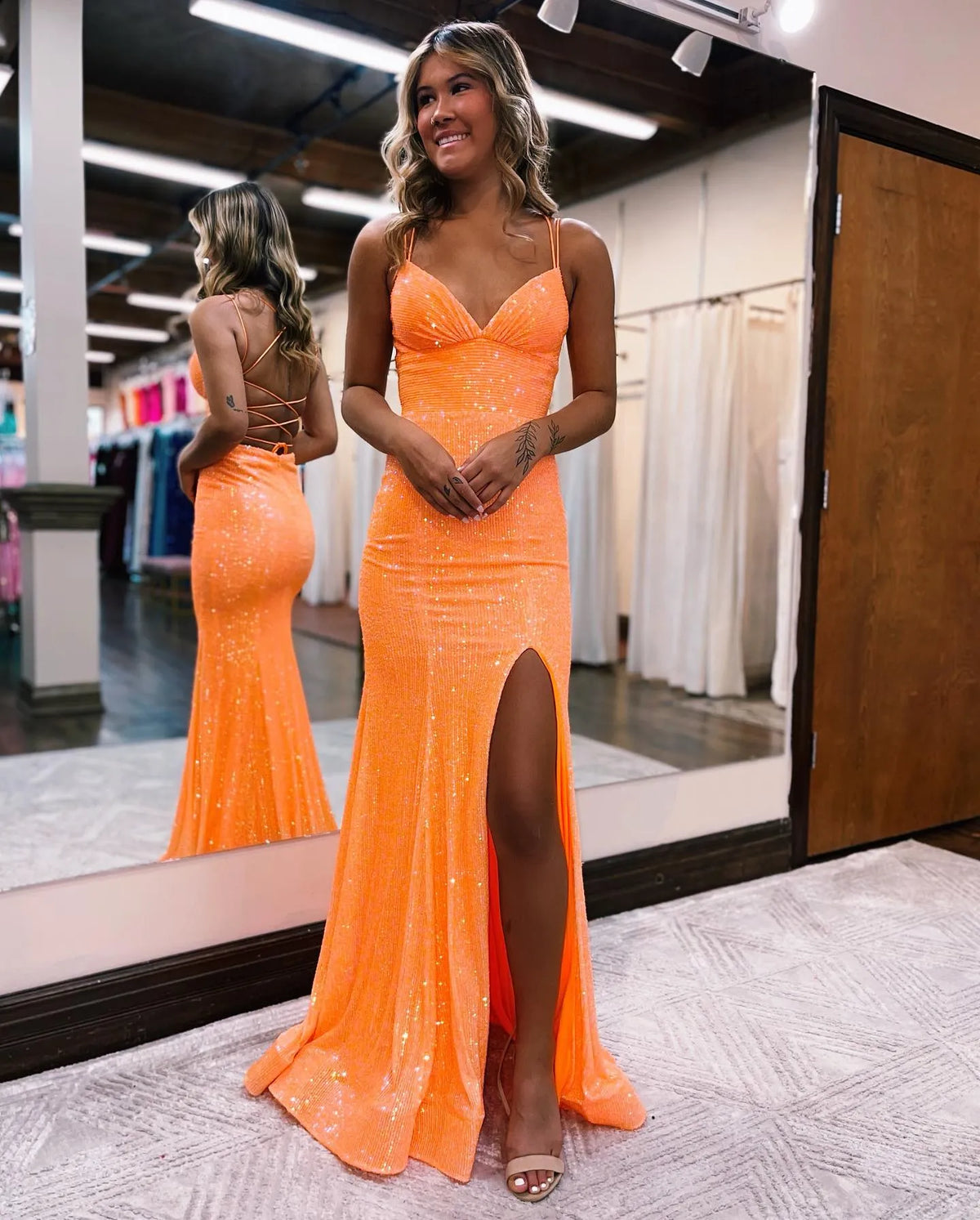 Loverlm bright orange sequin mermaid prom dress with a V neckline, double spaghetti straps and a thigh-high front-side slit.