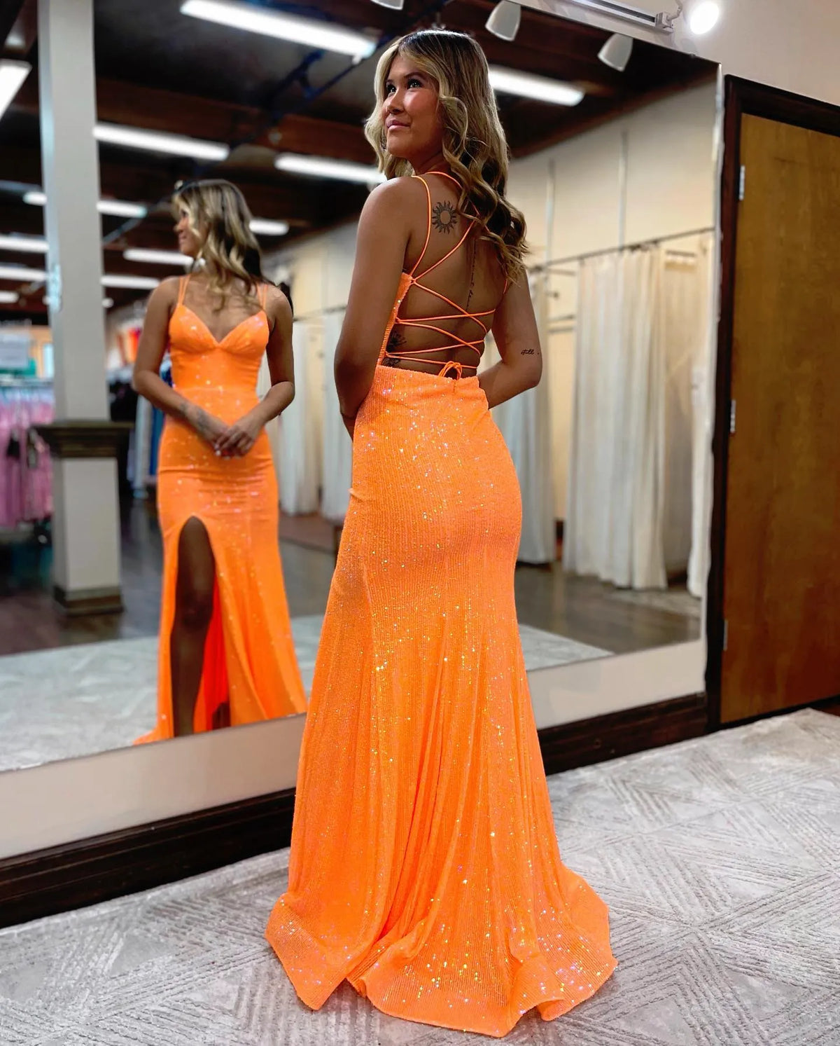 Radiant Sequin Mermaid V Neck Sleeveless Lace Up Floor Length Prom Dress