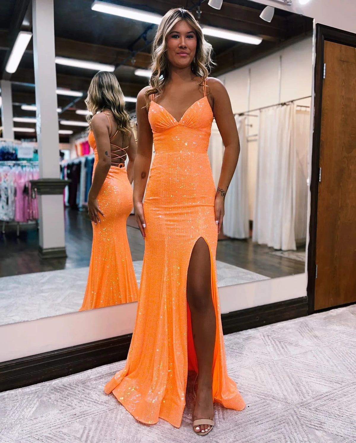 Radiant Sequin Mermaid V Neck Sleeveless Lace Up Floor Length Prom Dress