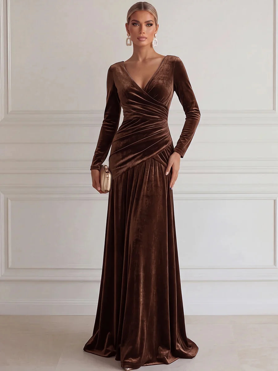 Elegant A-Line V-Neck Long Sleeve Velvet Floor-Length Evening Dress