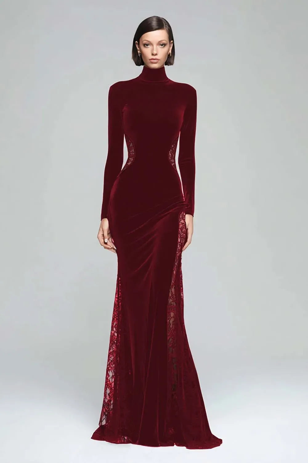 Elegant Mermaid High Neck Long Sleeve Closed Back Floor Length Evening Dress