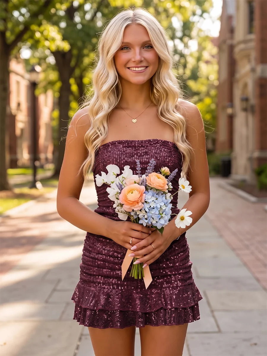 Sparkling Sheath Strapless Zipper Back Tiered Ruffle Mini Homecoming Dress
