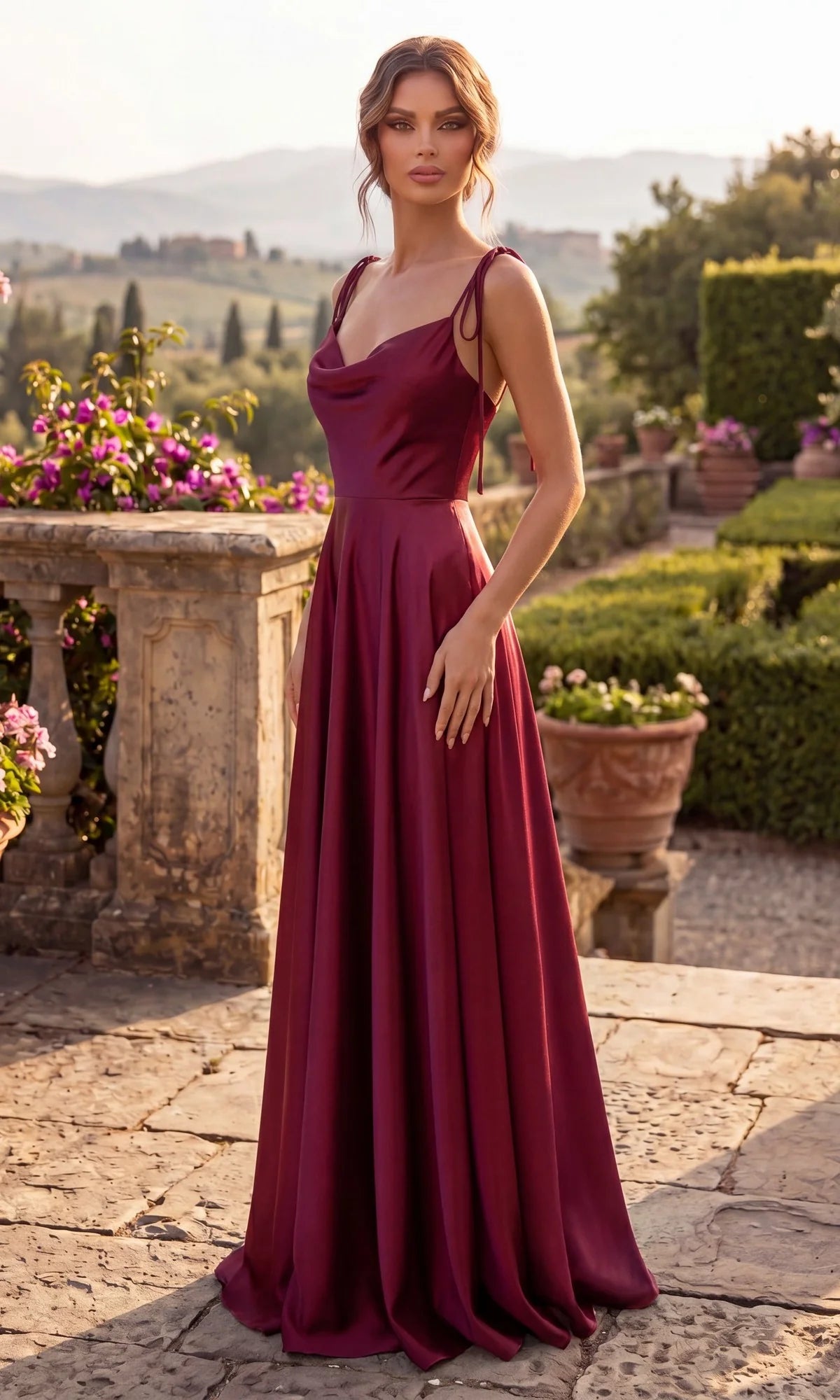 Elegant A-Line Cowl Neck Sleeveless Satin Floor Length Evening Dress