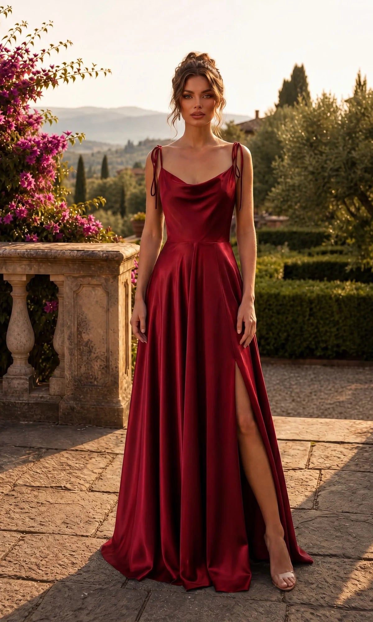 Elegant A-Line Cowl Neck Sleeveless Satin Floor Length Evening Dress