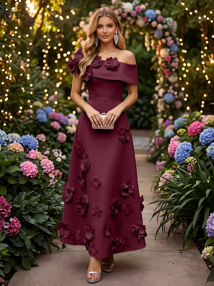 Romantic A-Line Off-Shoulder Short Sleeve Satin Ankle-Length Wedding Guest Dress