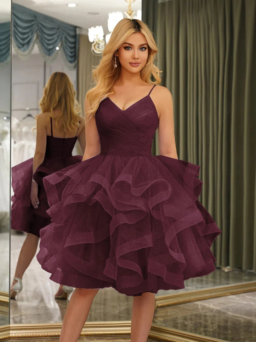 Dreamy A-Line V-Neck Spaghetti Strap Zipper Back Ruffled Mini Homecoming Dress