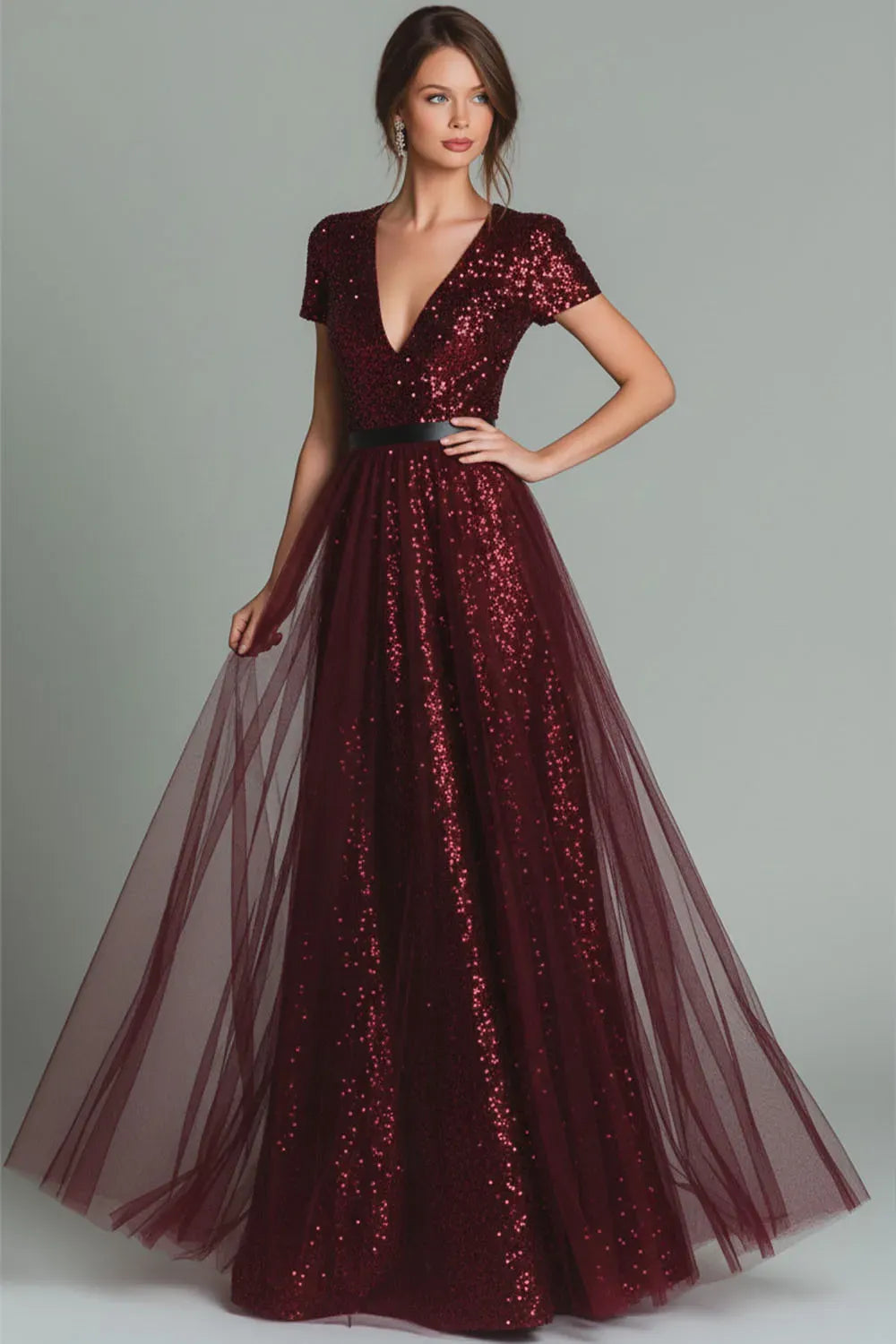 Elegant Plus Size A-Line V-Neck Short Sleeve Zipper Back Evening Dress