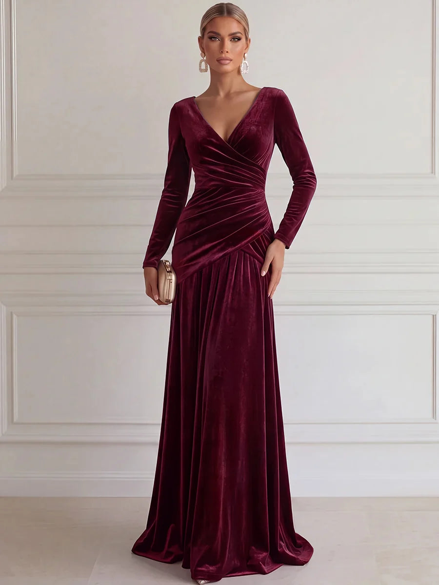 Elegant A-Line V-Neck Long Sleeve Velvet Floor-Length Evening Dress