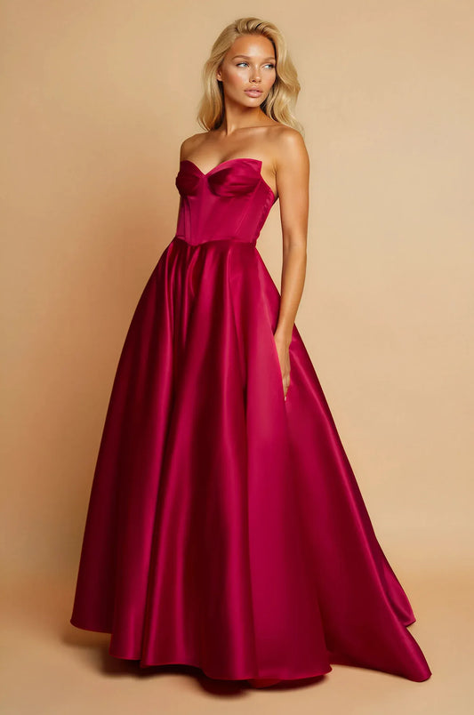 Loverlm burgundy strapless sweetheart A-line satin prom dress front