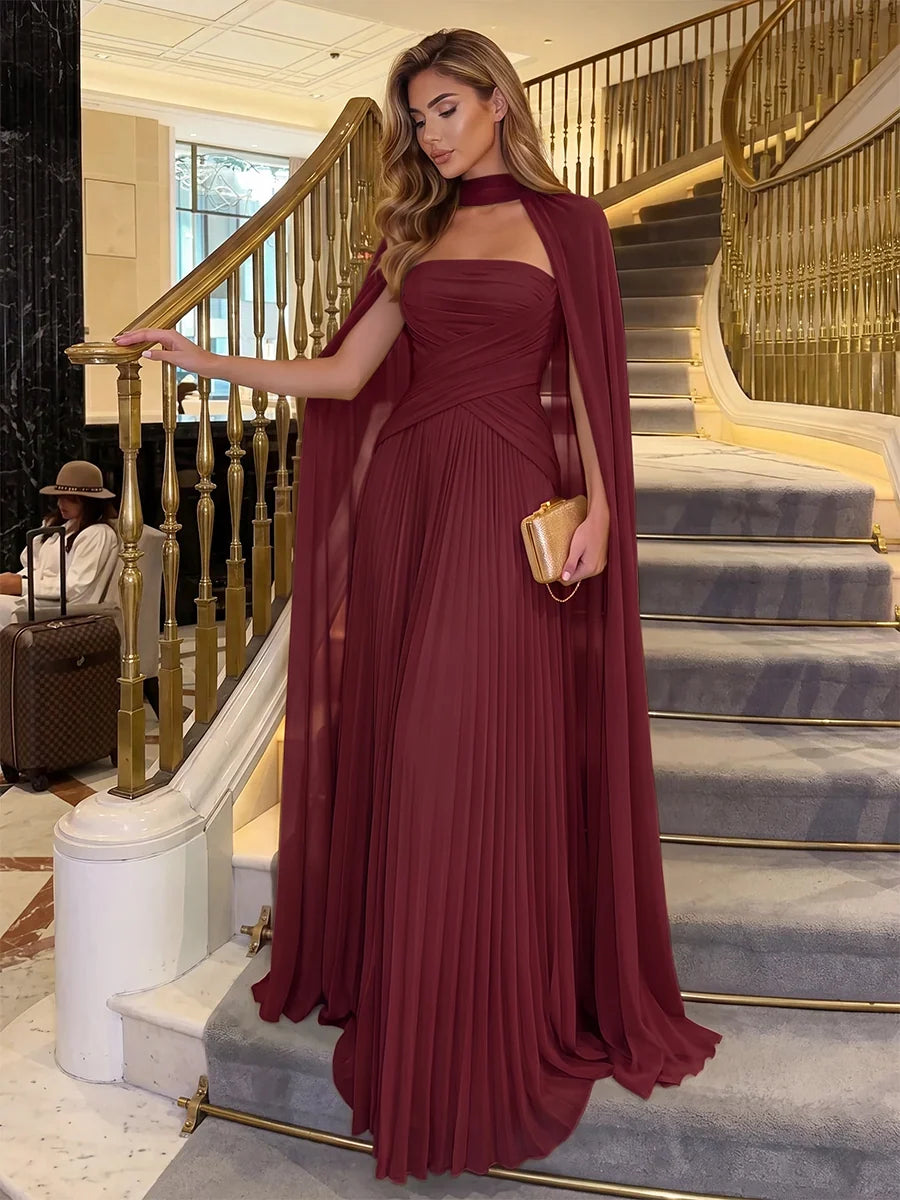 Elegant Pleated Strapless Sleeveless Chiffon Floor Length Evening Dress