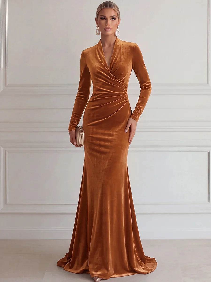 Elegant Mermaid Deep V Long Sleeve Velvet Floor-Length Evening Dress