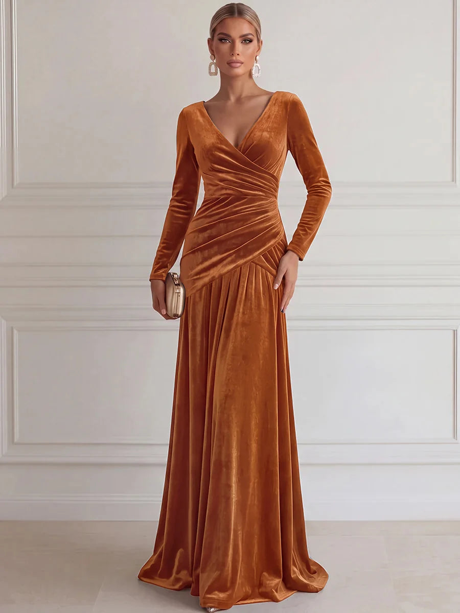 Elegant A-Line V-Neck Long Sleeve Velvet Floor-Length Evening Dress