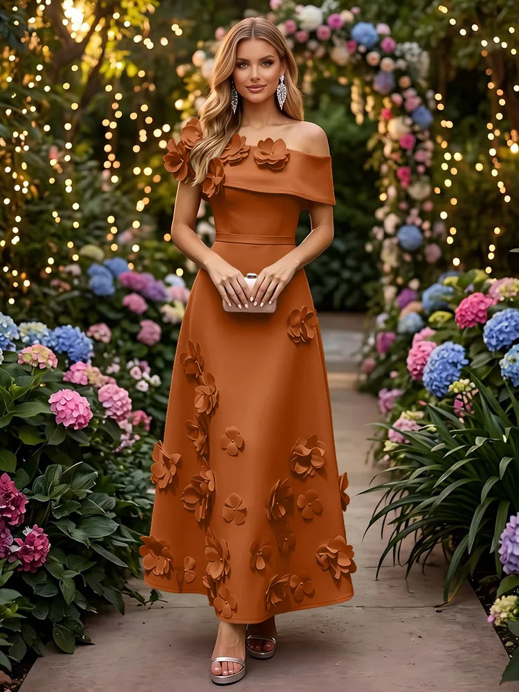 Romantic A-Line Off-Shoulder Short Sleeve Satin Ankle-Length Wedding Guest Dress