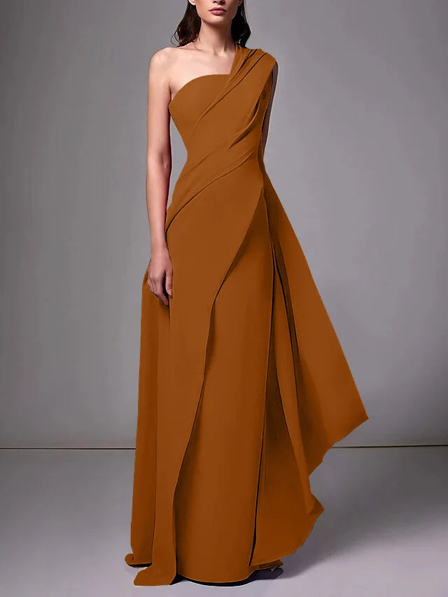 Elegant Sheath One Shoulder Sleeveless Crepe Floor Length Evening Dress