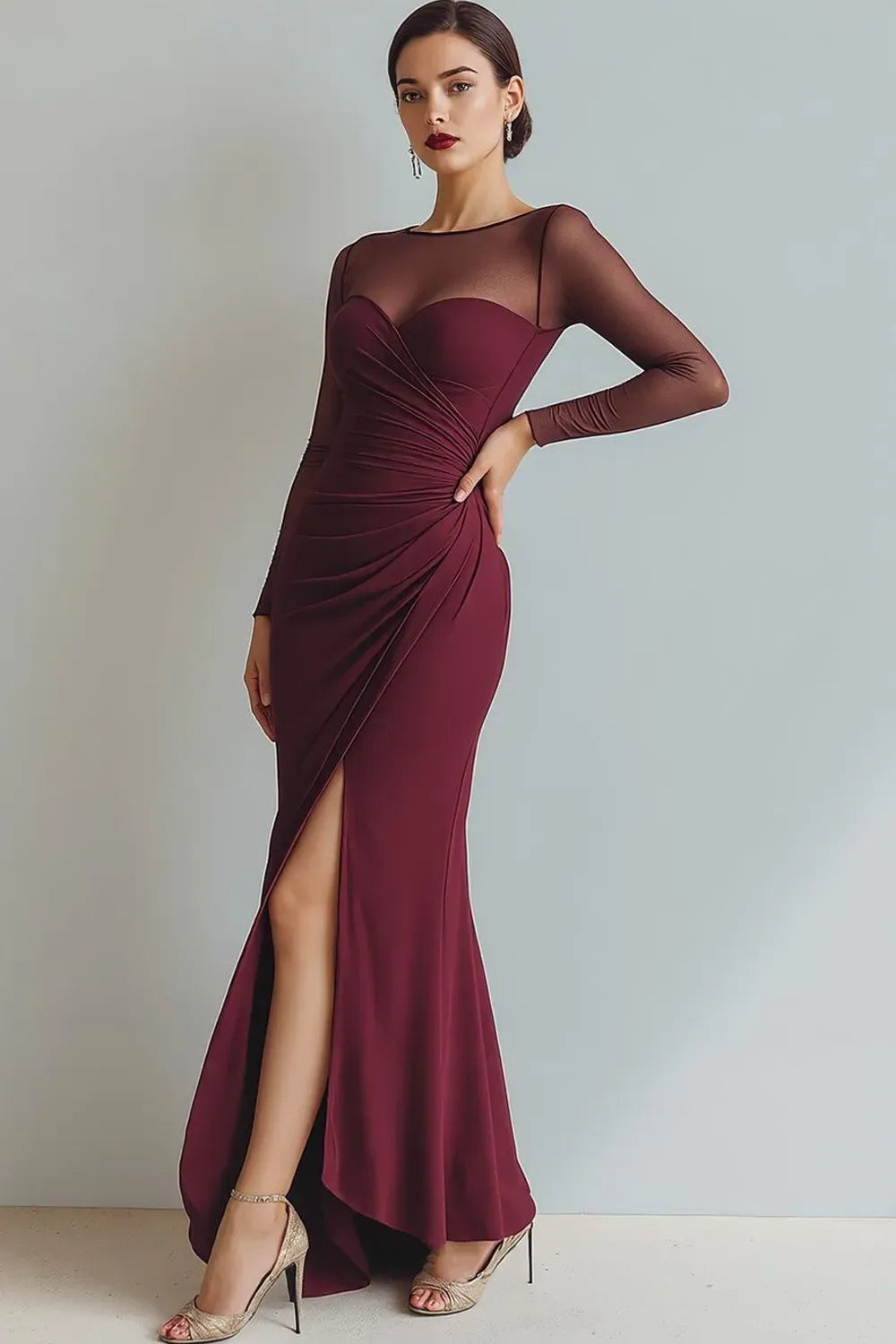 Elegant Sheath Illusion Neck Sheer Sleeves Closed Back Floor Length Evening Dress