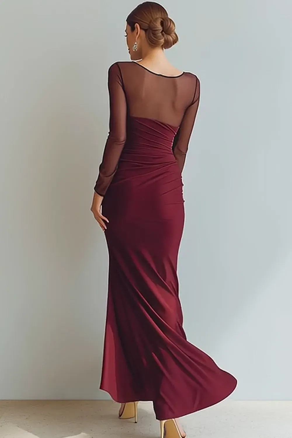 Elegant Sheath Illusion Neck Sheer Sleeves Closed Back Floor Length Evening Dress