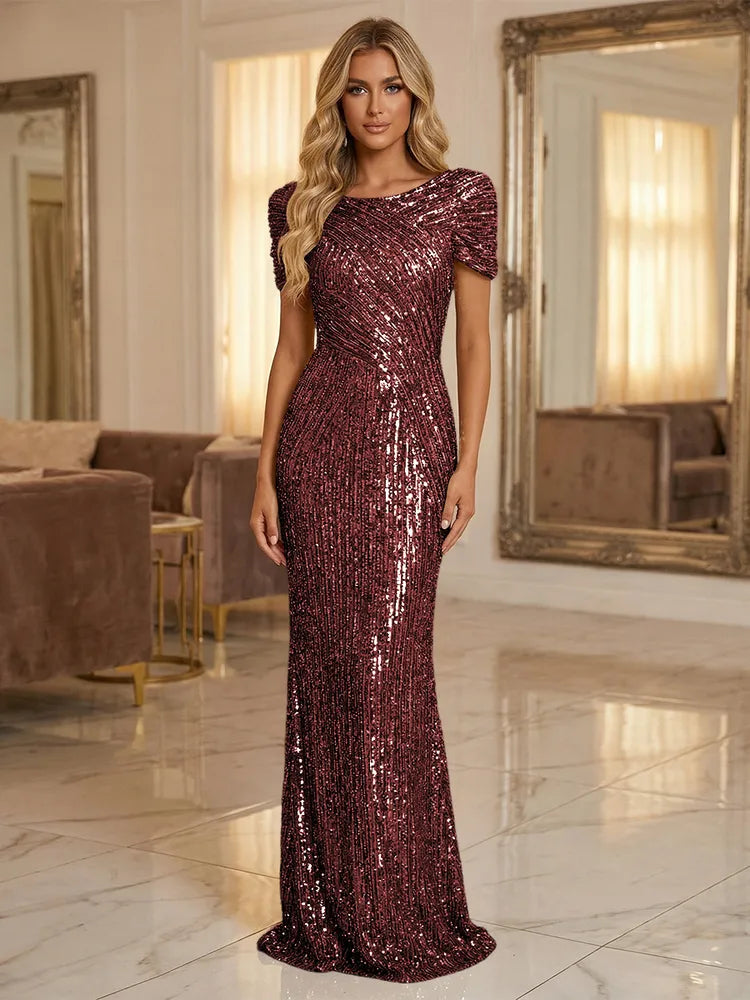 Glamorous Sheath Bateau Neck Puff Sleeve Sequin Floor-Length Evening Dress