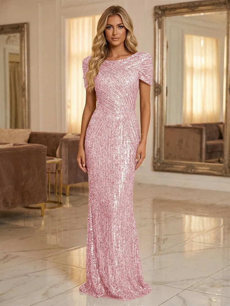 Glamorous Sheath Bateau Neck Puff Sleeve Sequin Floor-Length Evening Dress