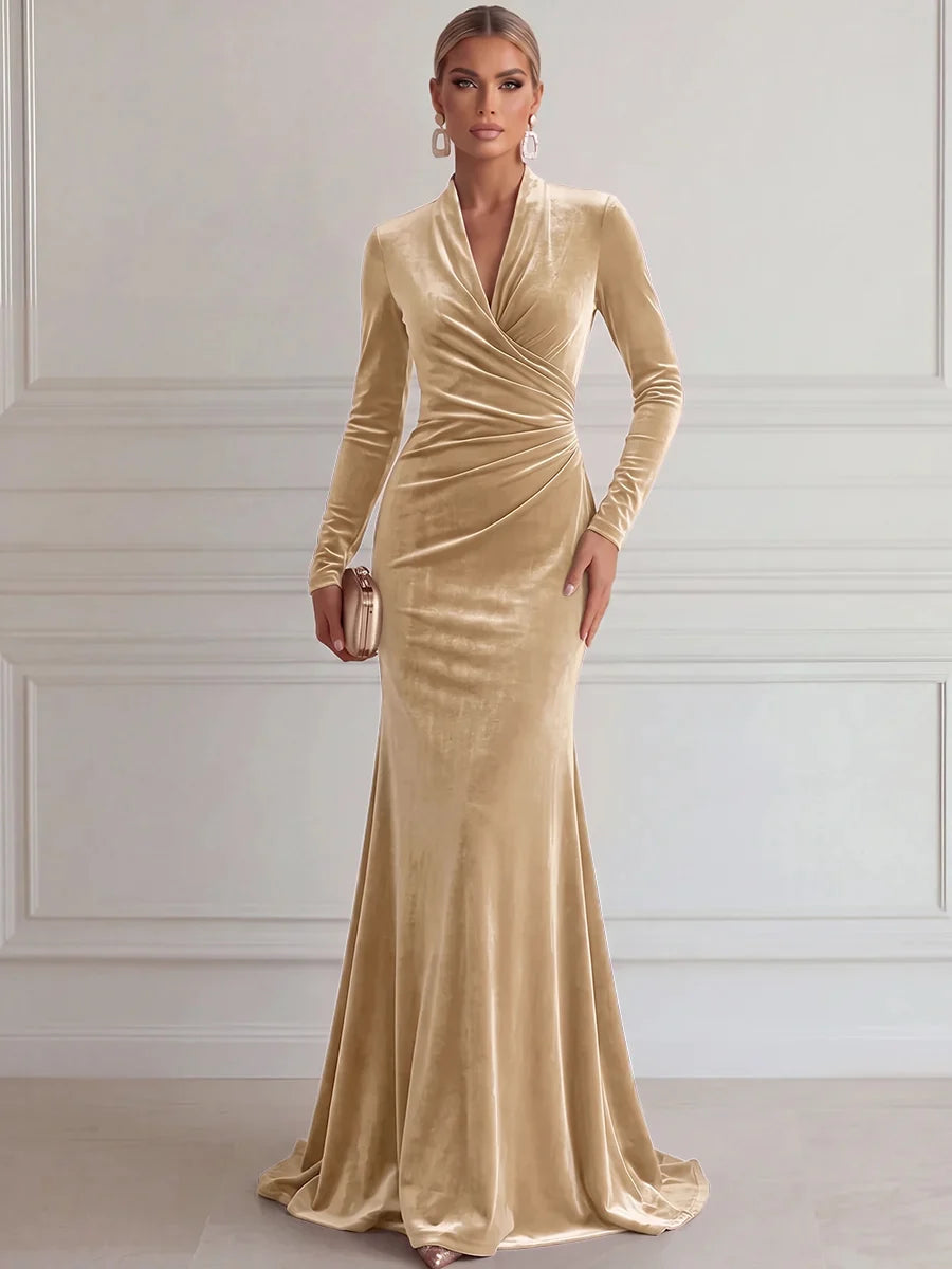 Elegant Mermaid Deep V Long Sleeve Velvet Floor-Length Evening Dress