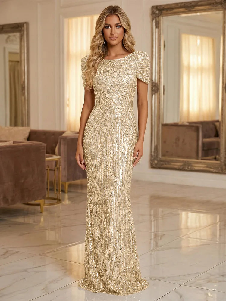 Glamorous Sheath Bateau Neck Puff Sleeve Sequin Floor-Length Evening Dress
