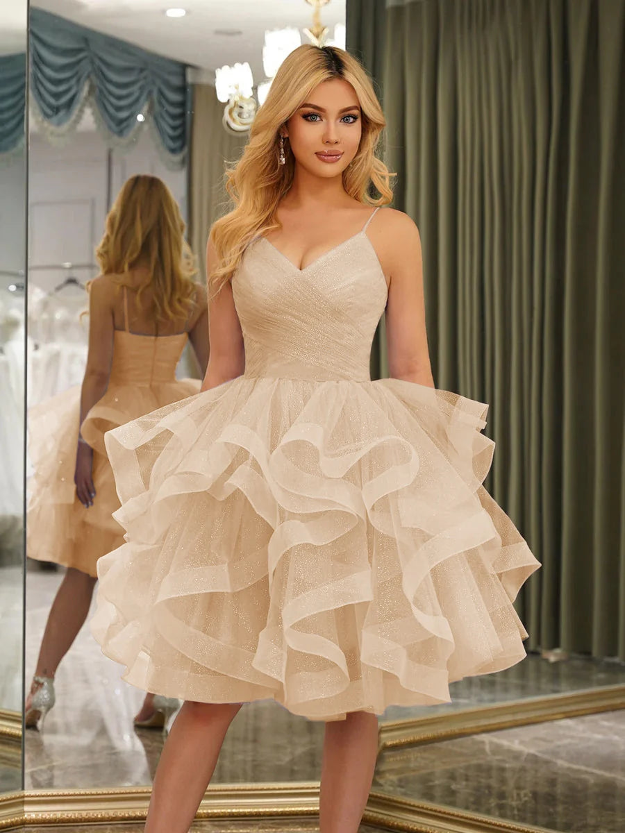 Dreamy A-Line V-Neck Spaghetti Strap Zipper Back Ruffled Mini Homecoming Dress