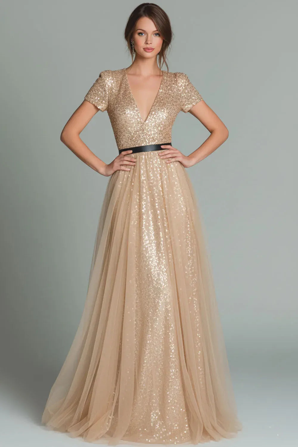 Elegant Plus Size A-Line V-Neck Short Sleeve Zipper Back Evening Dress