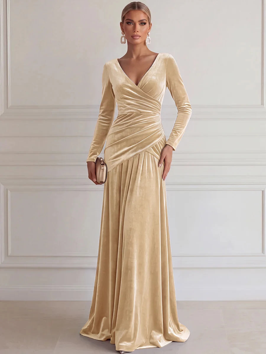 Elegant A-Line V-Neck Long Sleeve Velvet Floor-Length Evening Dress