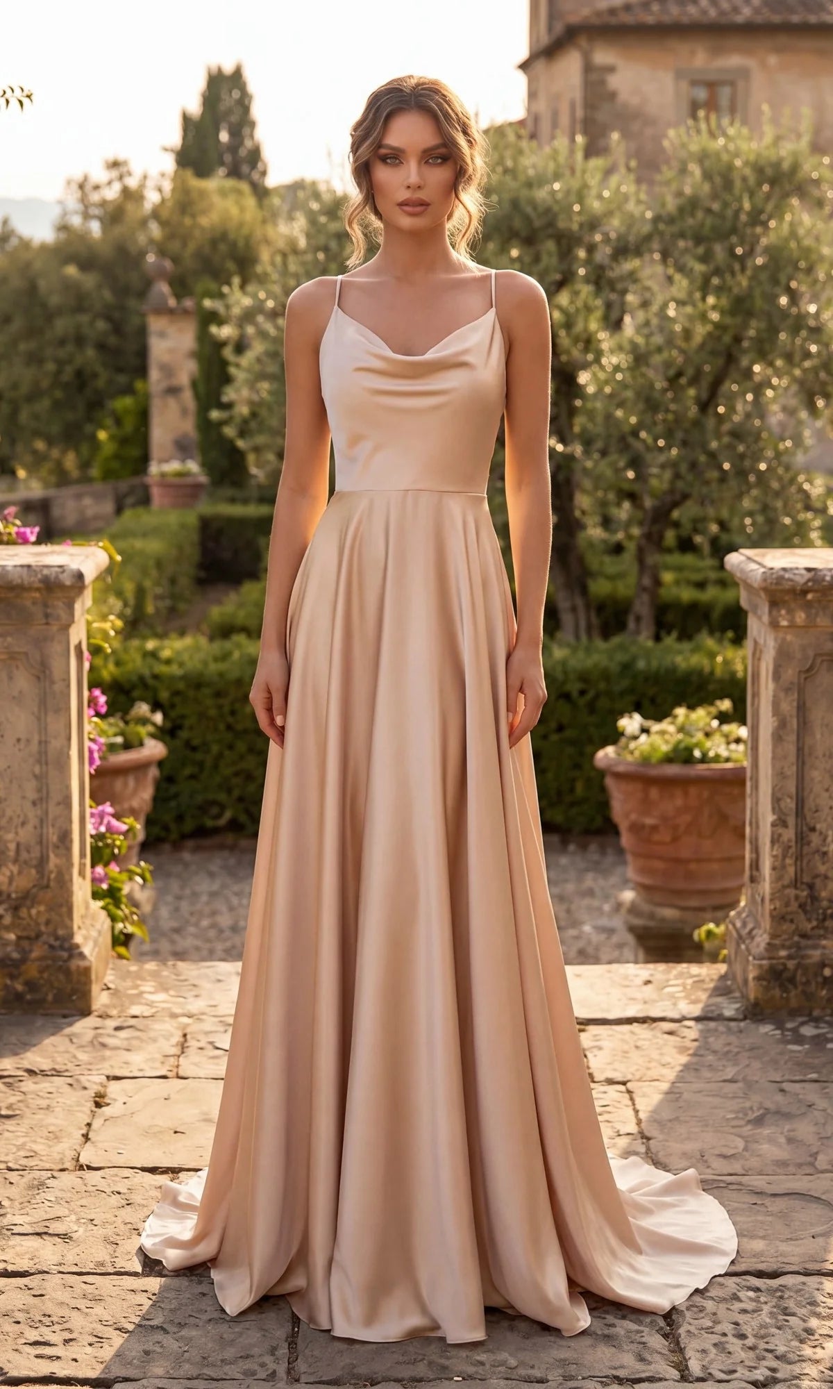 Elegant A-Line Cowl Neck Sleeveless Satin Floor Length Evening Dress