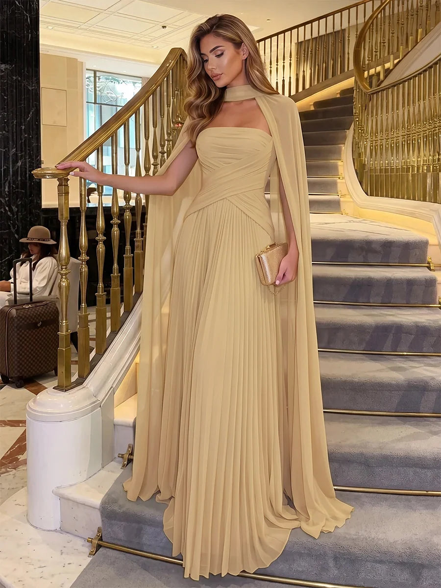 Elegant Pleated Strapless Sleeveless Chiffon Floor Length Evening Dress