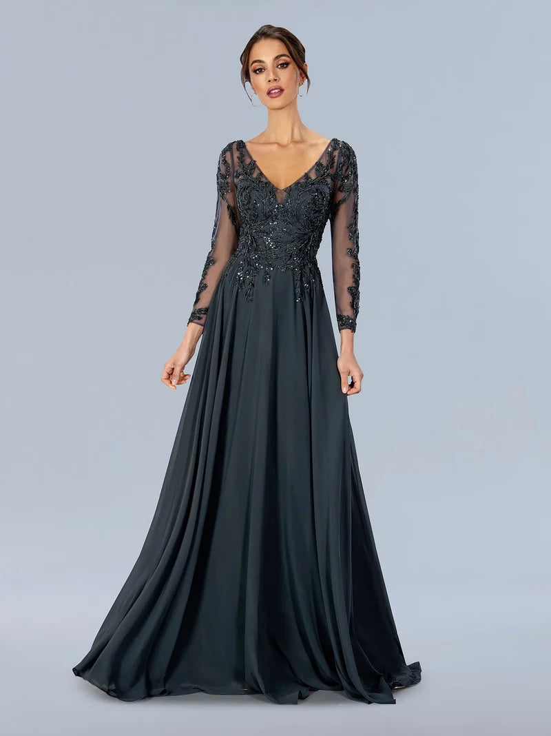 Loverlm charcoal gray mother of the bride dress with V-neck lace bodice sheer long sleeves and flowing floor-length A-line skirt