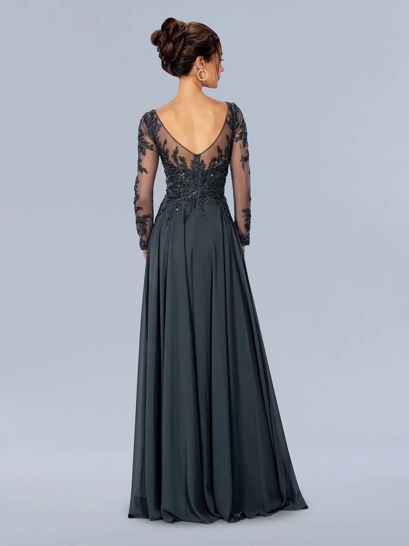 Elegant A-Line V-Neck Long Sleeve V-Back Floor-Length Mother Dress