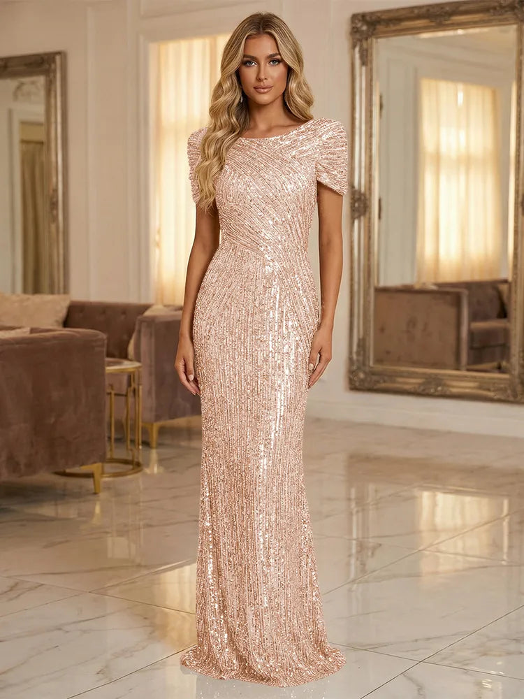 Glamorous Sheath Bateau Neck Puff Sleeve Sequin Floor-Length Evening Dress