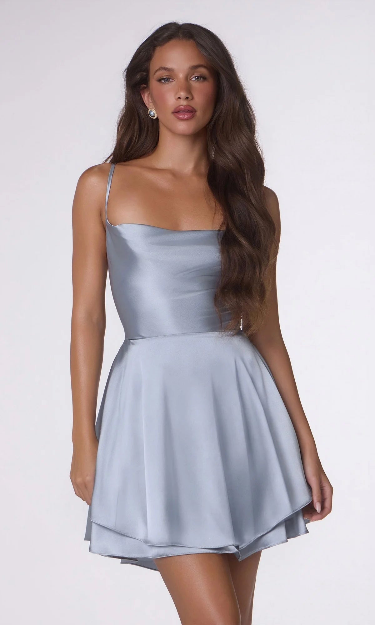 Chic A Line Cowl Neck Spaghetti Strap Satin Mini Homecoming Dress