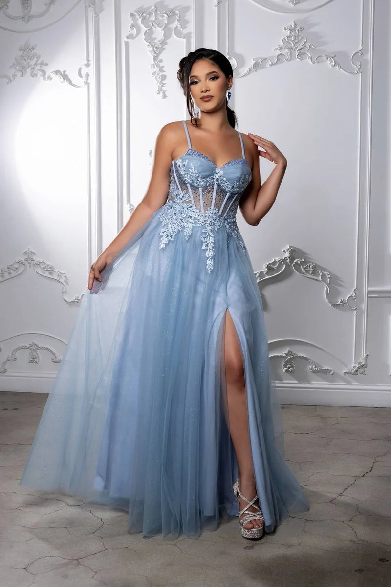Romantic A-Line Sweetheart Spaghetti-Strap Lace-Up Slit Floor-Length Prom Dress