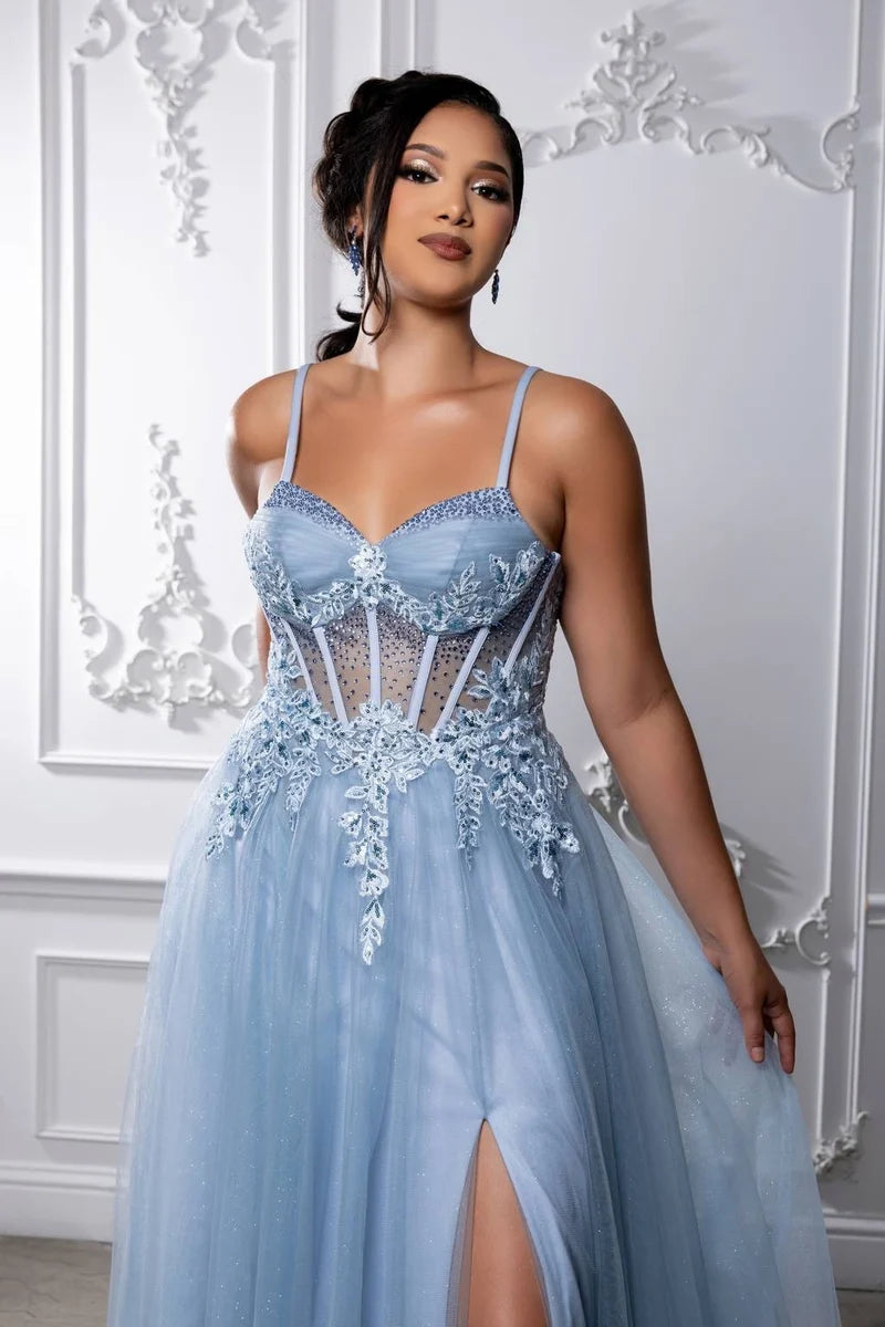 Romantic A-Line Sweetheart Spaghetti-Strap Lace-Up Slit Floor-Length Prom Dress