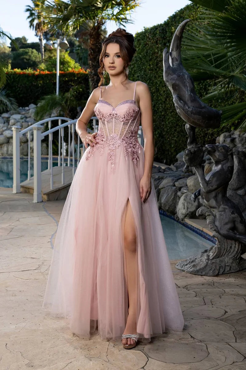 Romantic A-Line Sweetheart Spaghetti-Strap Lace-Up Slit Floor-Length Prom Dress