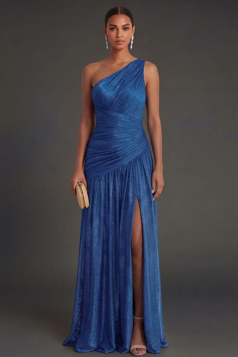 Elegant A-Line One Shoulder Sleeveless Ruched Back Floor Length Evening Dress