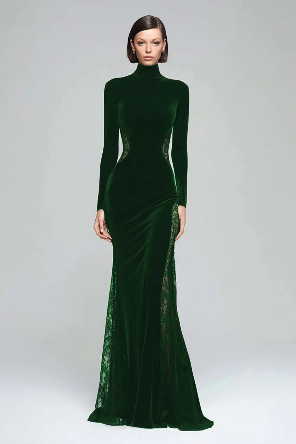 Elegant Mermaid High Neck Long Sleeve Closed Back Floor Length Evening Dress