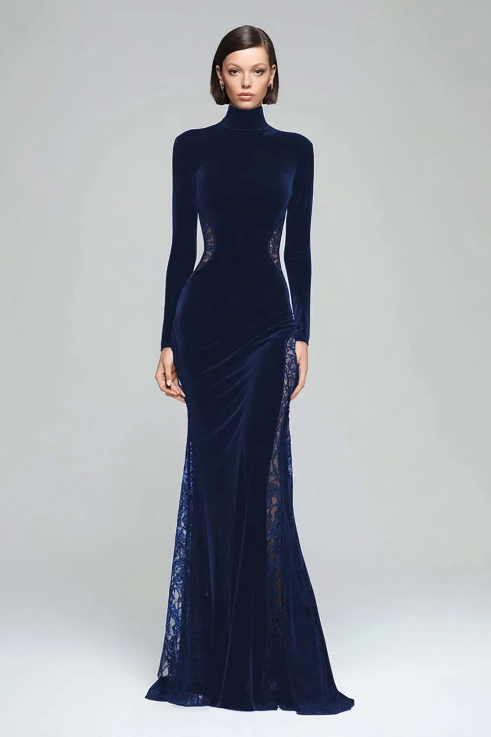 Elegant Mermaid High Neck Long Sleeve Closed Back Floor Length Evening Dress