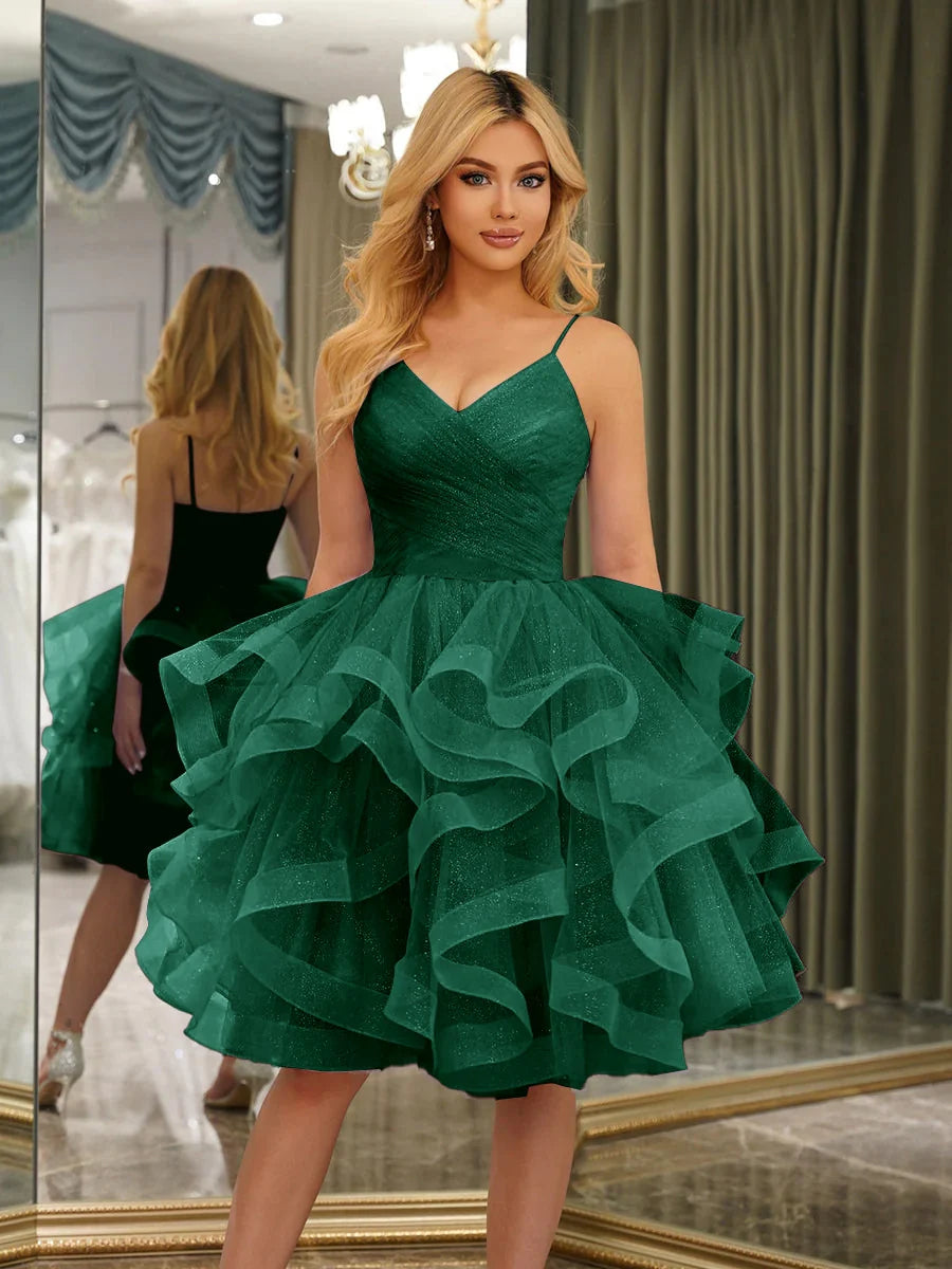 Dreamy A-Line V-Neck Spaghetti Strap Zipper Back Ruffled Mini Homecoming Dress