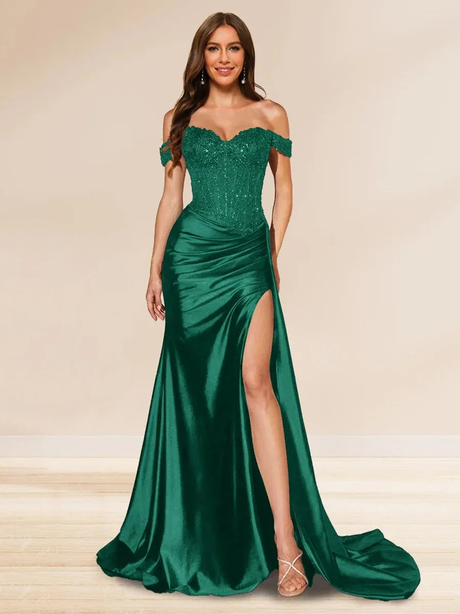 Elegant Mermaid Sweetheart Off-Shoulder V-Back Floor-Length Sequin Evening Dress