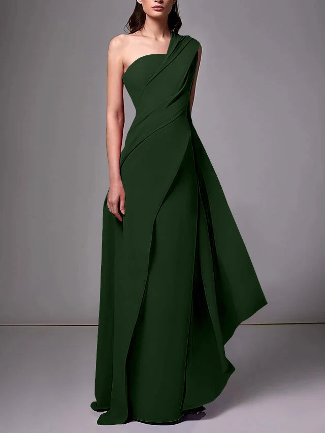 Elegant Sheath One Shoulder Sleeveless Crepe Floor Length Evening Dress