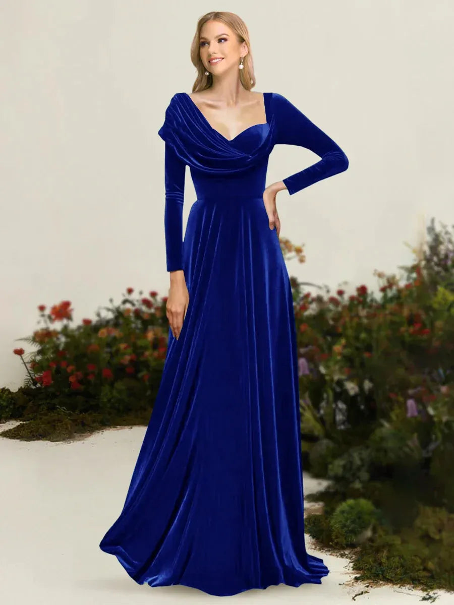 Elegant A-Line Draped Neckline Long Sleeve V-Back Floor-Length Mother of the Bride Dress